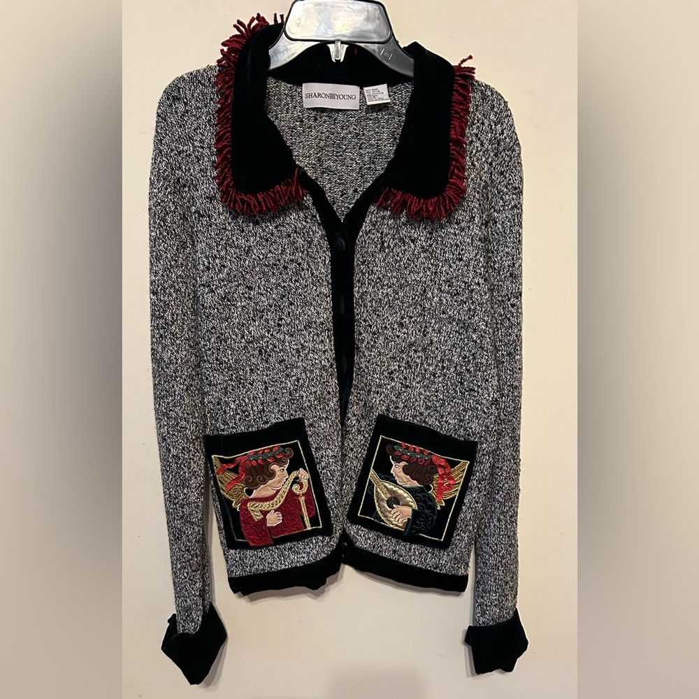 Sharon Young festive holiday cardigan‎ sweater angel musicians velvet trim Small